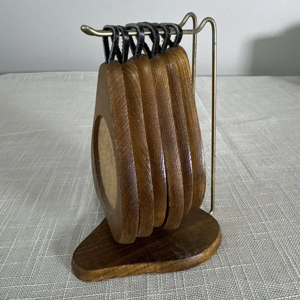 Vintage Wood Coasters Cork Center MCM Retro Pear Shaped Hanging Stand Set of 6